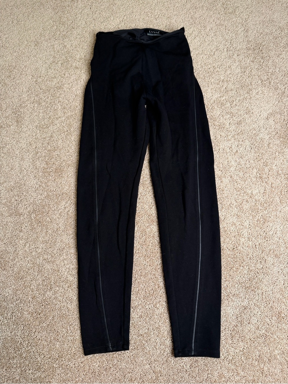Lysse Black High Waisted Leggings Faux Leather Trim Ponte Slimming Pants Size XS